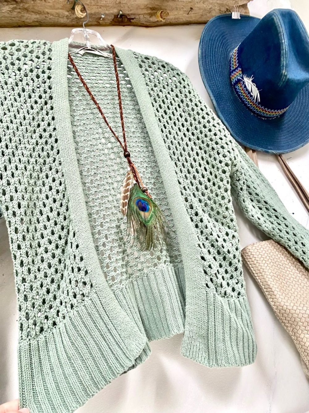 Mesh Sage green Semi sheer crochet/cover up boho Cardi w shabby chic beach vibe - Picture 6 of 15